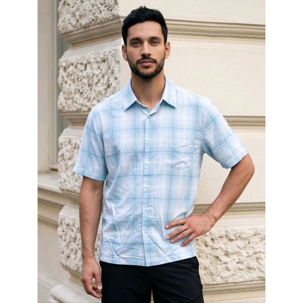 Coastal Grandpa Plaid Shirt Blue Microfiber Men’s Large Resort Dad Clean Guy